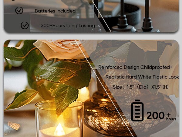 Flameless LED votive candles in glass holders with floral decor, showing features like long battery life and size.