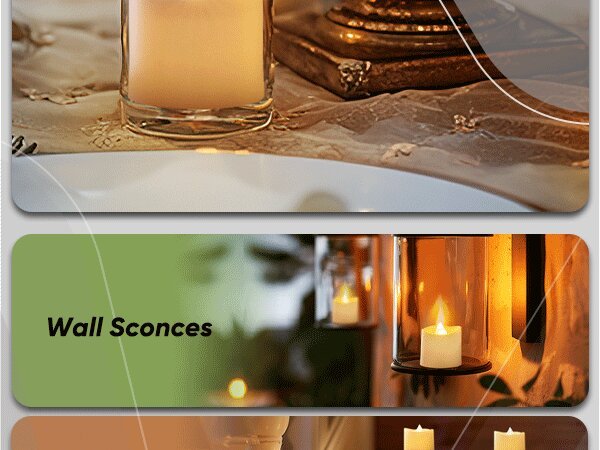 Three sections of flameless LED votive candles in decorative settings. Top shows a candle in a glass holder on a table. Middle section highlights candles in wall sconces with text overlay.