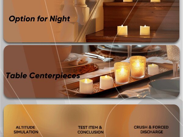 Flameless LED votive candles displayed on stairs and a table setting.