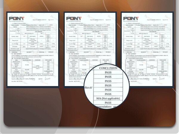 Three pages of technical reports with a magnified inset showing a conclusion table with multiple PASS results.