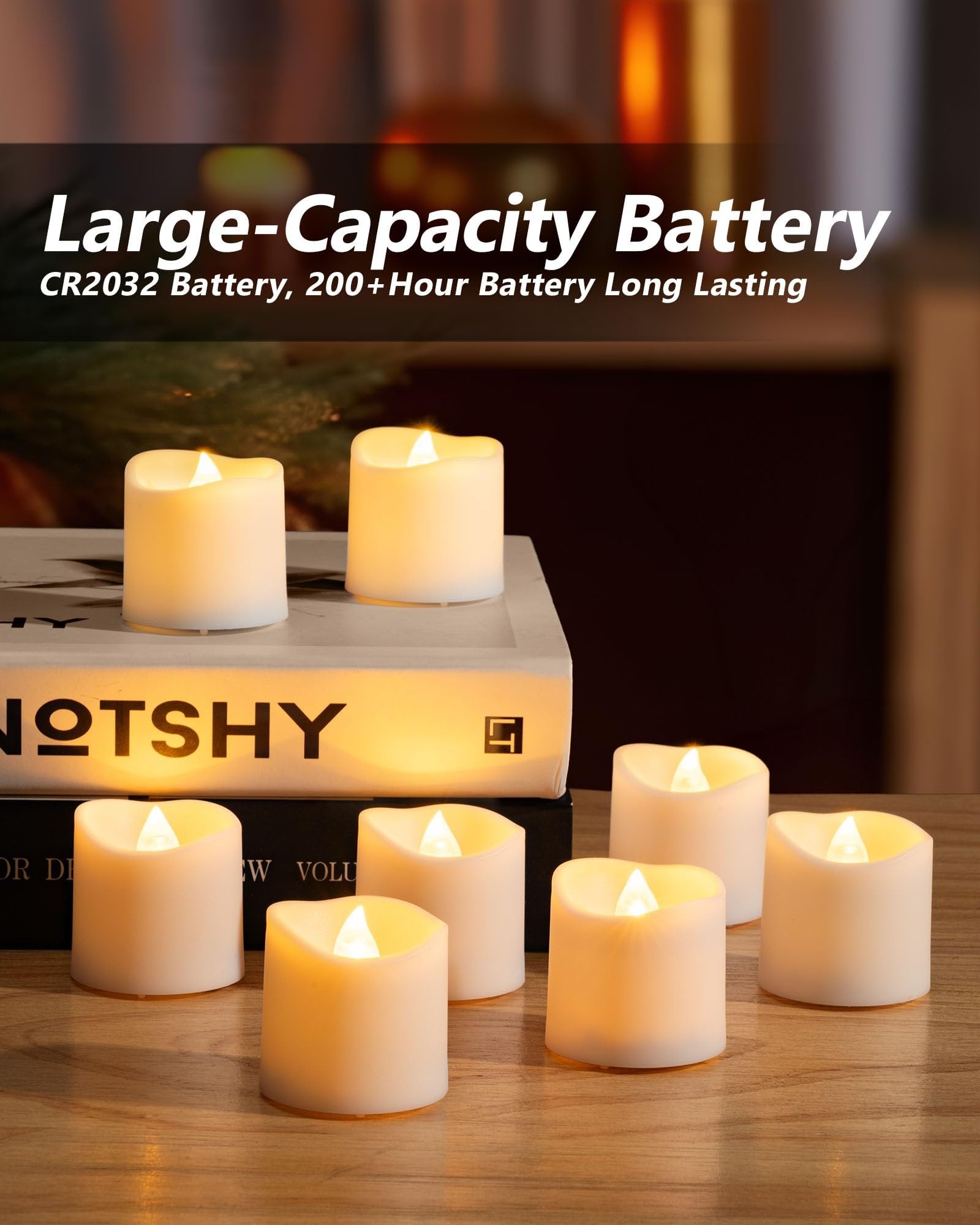 Several flameless LED votive candles with warm white flickering lights arranged on a wooden surface and a book.