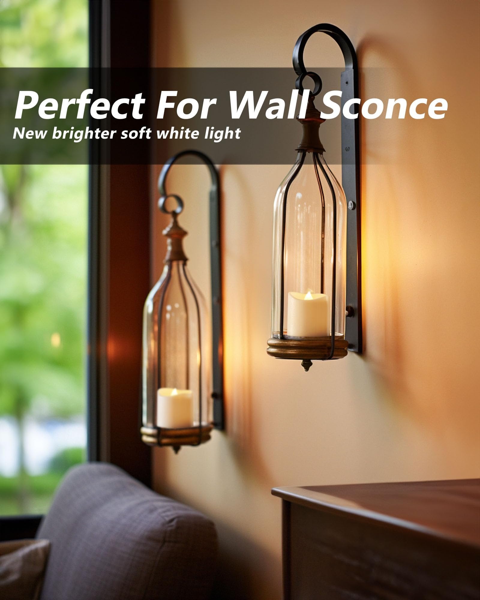 Two flameless LED votive candles in decorative wall sconces, one on the left and one on the right, with text overlay.