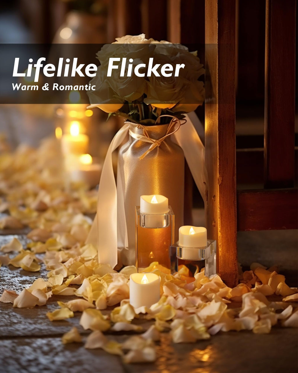 Flameless LED votive candles with warm white flickering lights arranged with rose petals and a vase of roses.