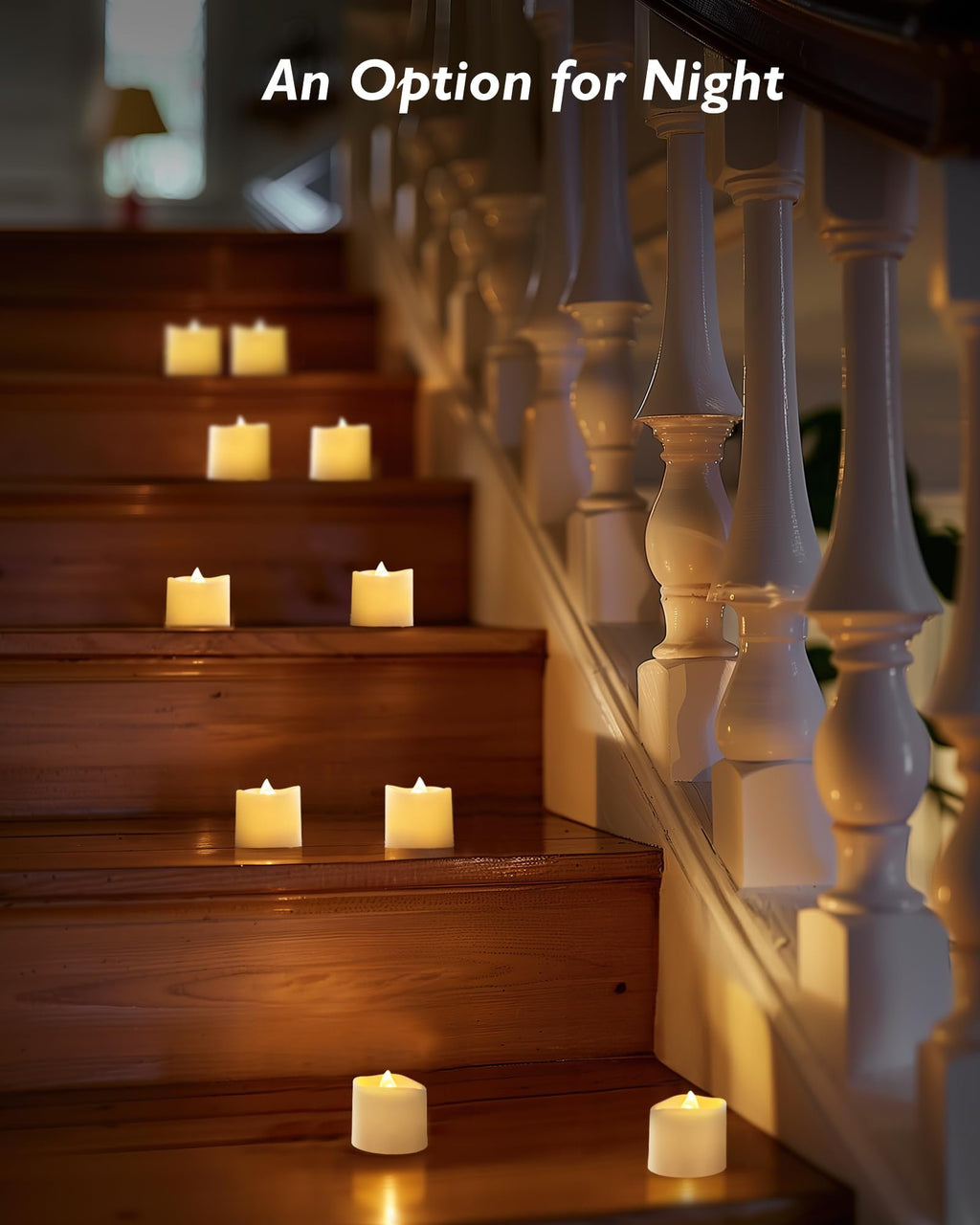 Flameless LED votive candles arranged on a wooden staircase, casting a warm glow.