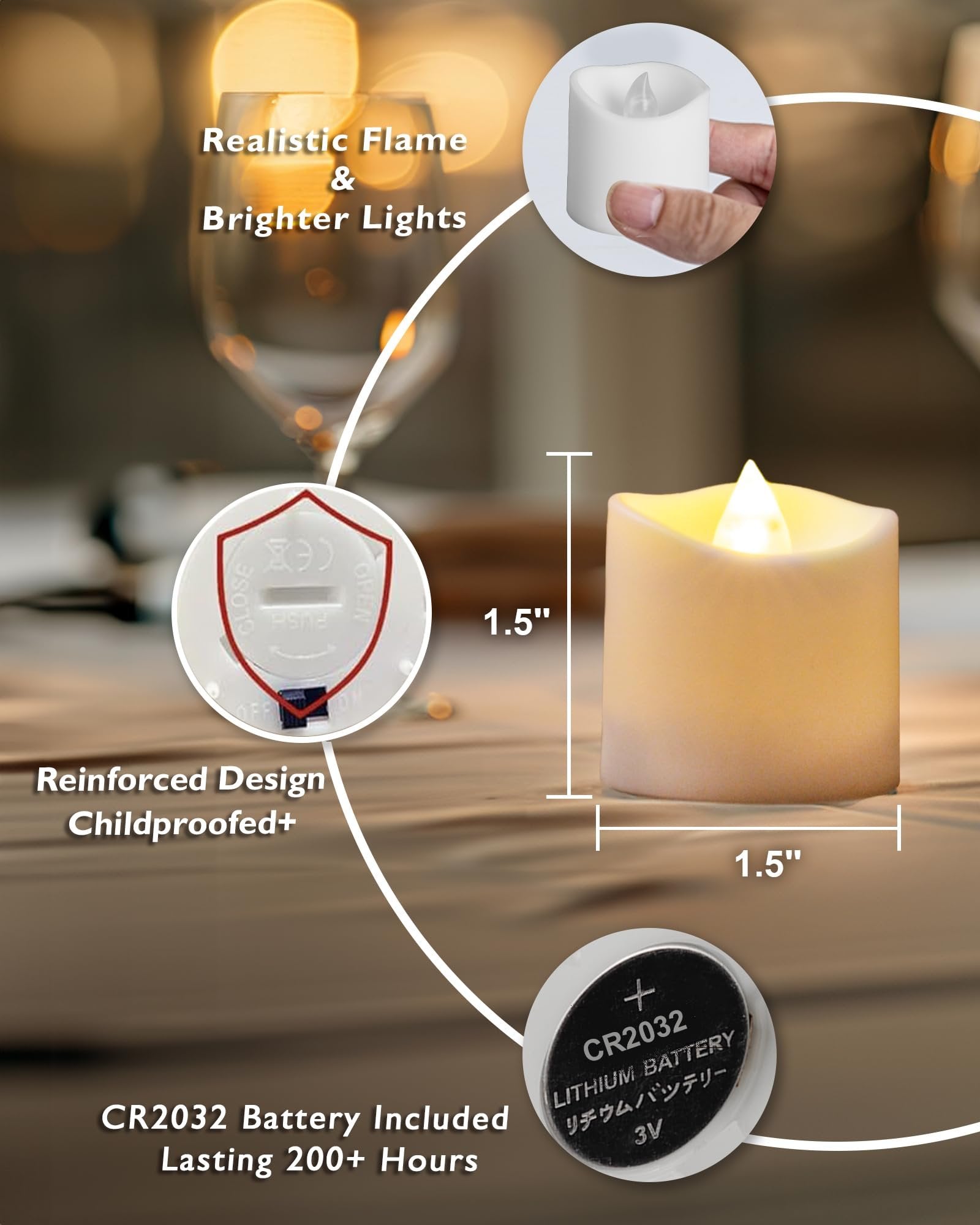 Flameless LED votive candle with dimensions and battery details shown, set against a blurred background.