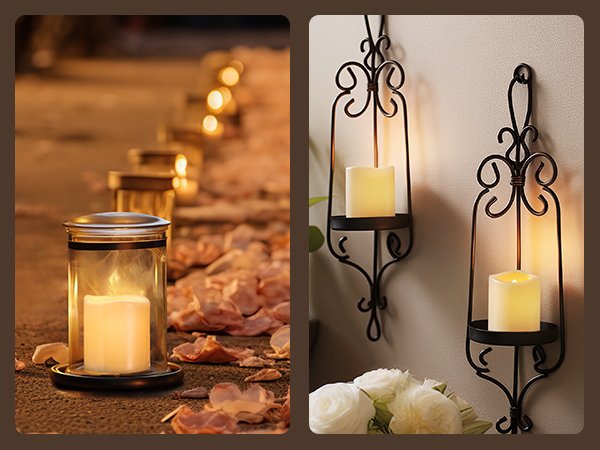 Flickering LED votive candles in glass jars on a path and in wall sconces with flowers