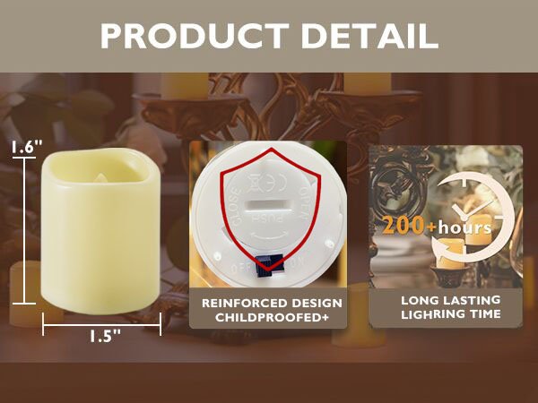 Flickering flameless LED votive candle showing dimensions 1.5" x 1.6", battery compartment, and 200+ hours of lighting time.