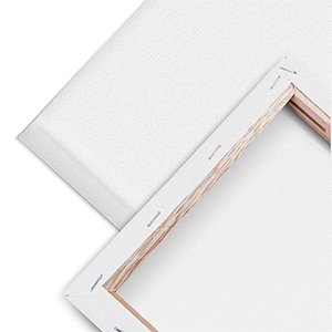 Two white stretched painting canvases showing the front texture and wooden frame backing with staples.