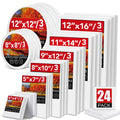 Assortment of stretched painting canvases in various sizes and shapes, stacked and displayed. Includes round and rectangular canvases with red labels indicating dimensions and pack counts.
