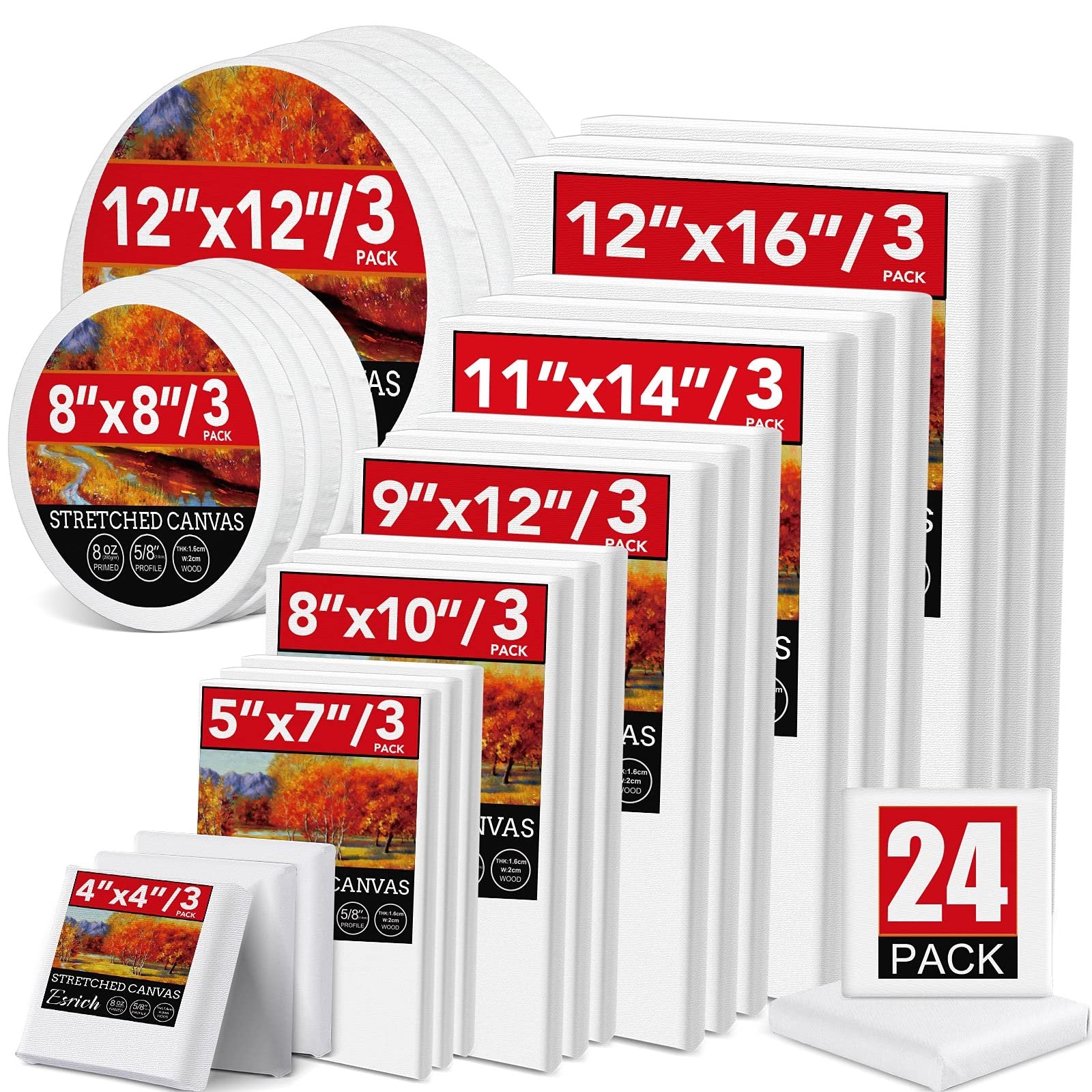 Assortment of stretched painting canvases in various sizes and shapes, stacked and displayed. Includes round and rectangular canvases with red labels indicating dimensions and pack counts.