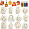 Unfinished wooden fall picture frame ornaments kit with markers, featuring squirrel, scarecrow, pumpkin truck, acorn, and more designs.