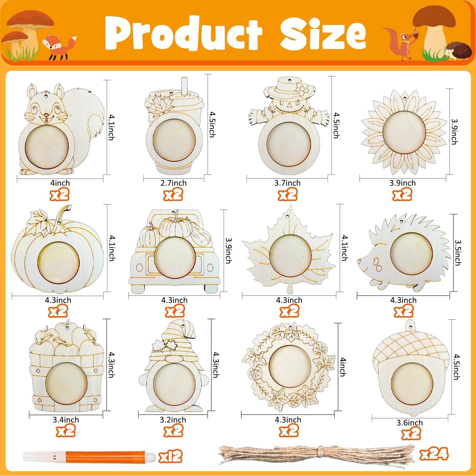 Unfinished wooden fall picture frame ornaments kit with dimensions and quantities shown, includes marker and twine.