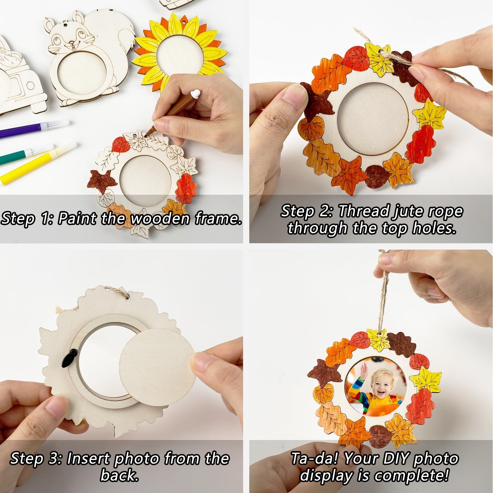 DIY craft tutorial showing how to make a fall-themed wooden picture frame ornament, from painting to inserting a photo.