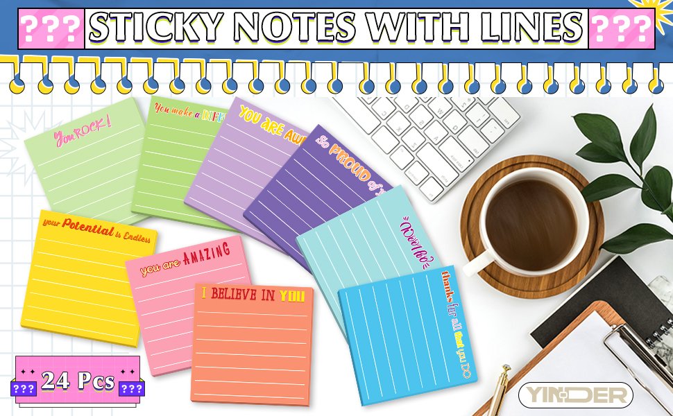 Assortment of lined sticky notes with inspirational messages, arranged on a desk with a keyboard and coffee cup.