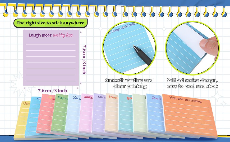 Stack of colorful inspirational sticky notes with motivational phrases and dimensions shown.