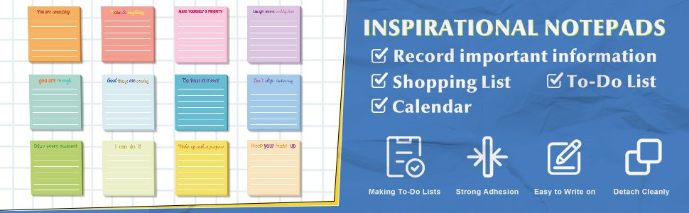 Collage of inspirational sticky notes in various colors and a blue graphic with text about notepad features.