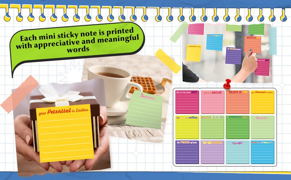 Collage of inspirational sticky notes in various colors and messages, some on a gift box, some on a window, and a grid display.
