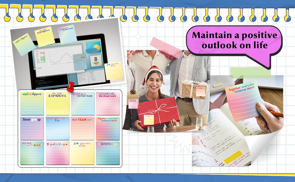Collage of inspirational sticky notes and people celebrating, showing product in use and motivational messages.
