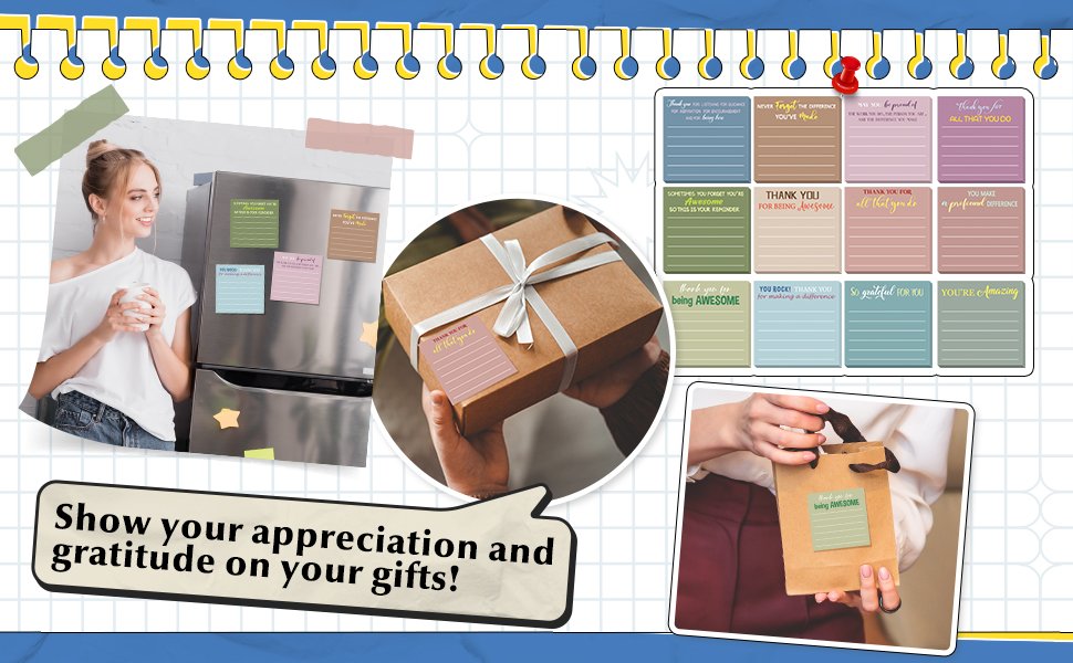 Collage of inspirational sticky notes in Morandi colors, some on a refrigerator, a gift box, and a gift bag, with a woman holding a mug.