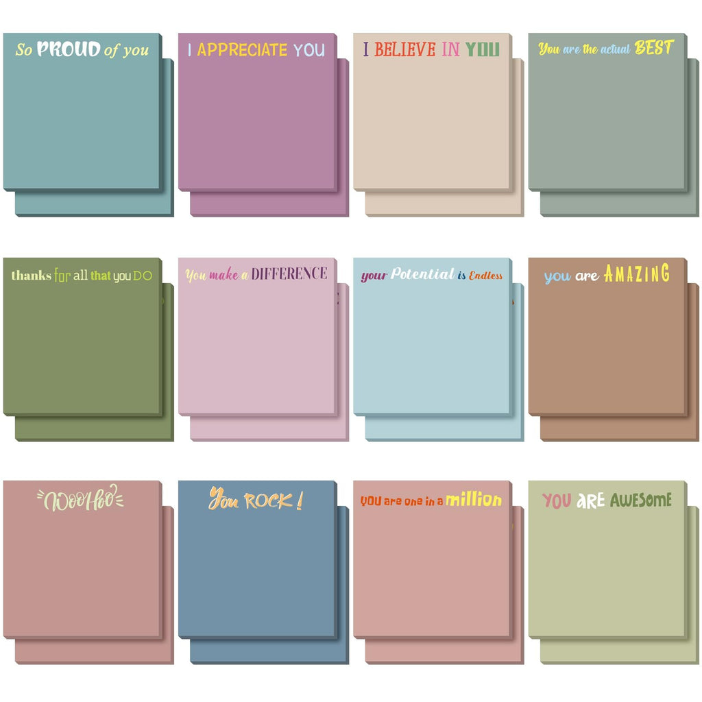 Twelve stacks of inspirational sticky notes in various Morandi colors, each with a unique positive affirmation printed on the top sheet.