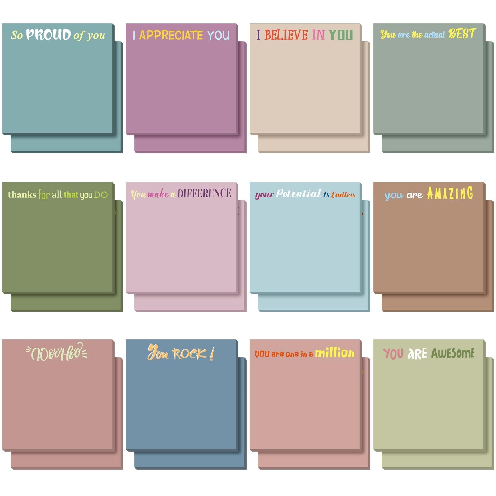 Twelve stacks of inspirational sticky notes in various Morandi colors, each with a unique positive affirmation printed on the top sheet.