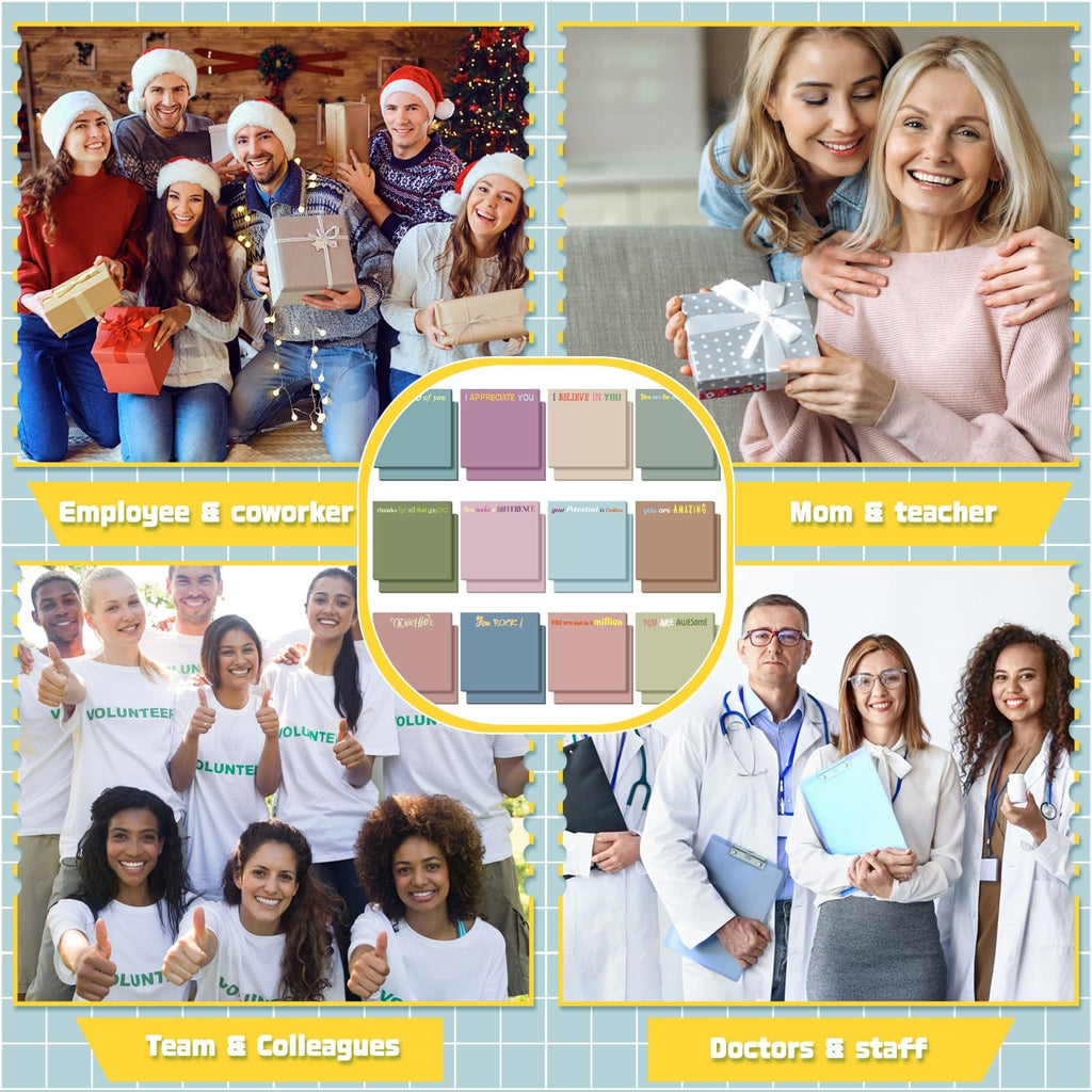 Collage of people receiving gifts and inspirational sticky notes for different groups: employees, coworkers, mom, teacher, volunteers, and doctors.
