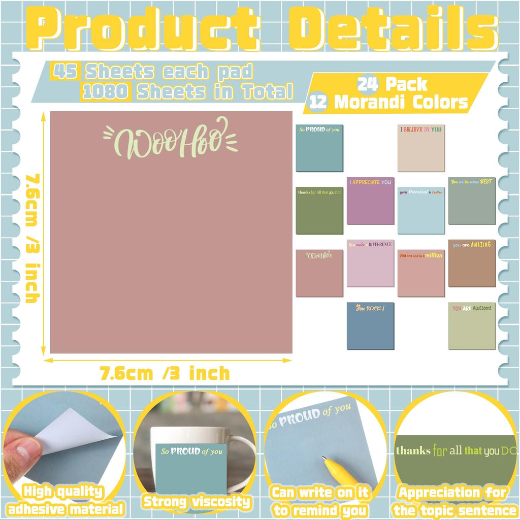 Collage of inspirational sticky notes in Morandi colors, showing product details, dimensions, and usage examples.