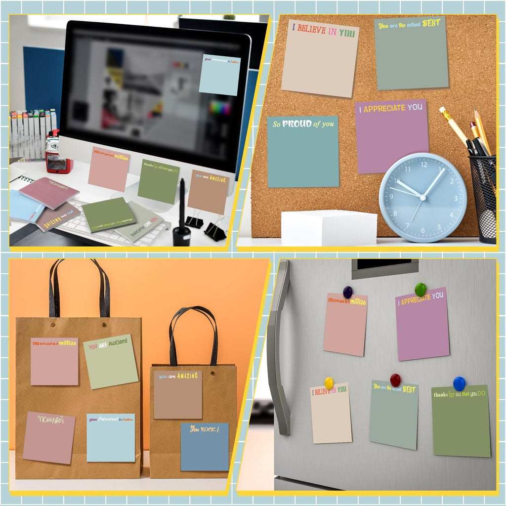 Collage of inspirational sticky notes in various colors and settings, including on a computer, corkboard, shopping bags, and refrigerator.