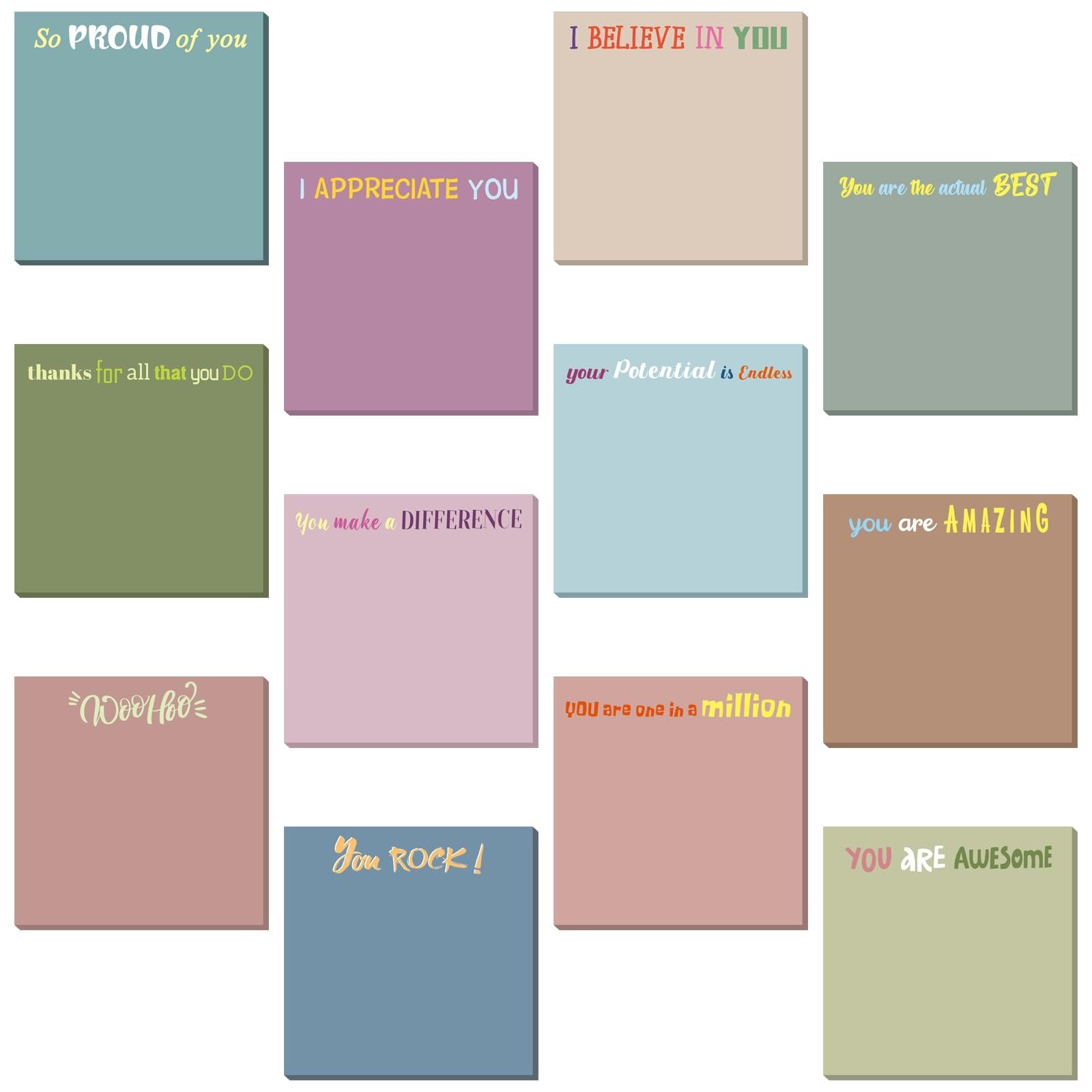 Collection of 12 inspirational sticky notes in various Morandi colors, each with a unique positive affirmation message.