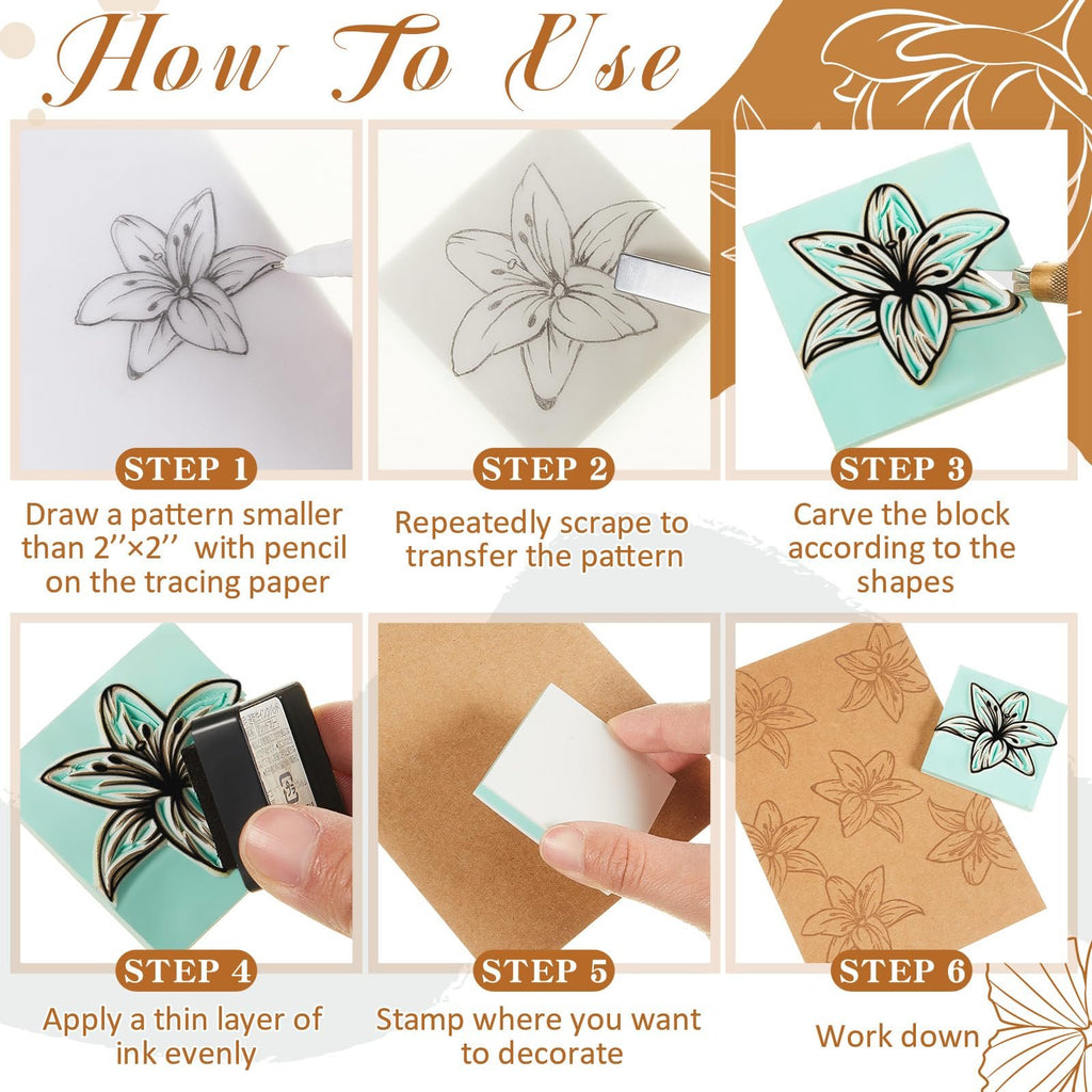 Six steps demonstrating how to use carving blocks for printmaking, from drawing a pattern to stamping.