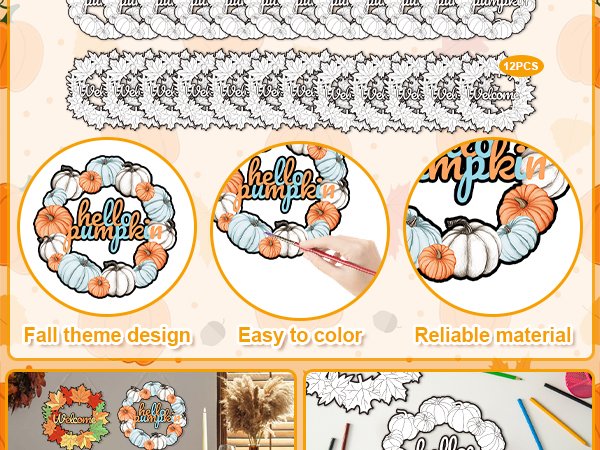 Fall wreath craft kits with pumpkins and leaves, some colored and some for coloring.