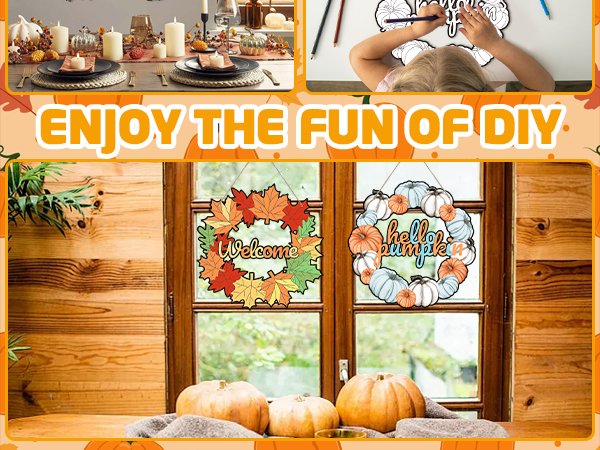 Fall wreaths hanging on a window, one with leaves and 'Welcome', the other with pumpkins and 'hello pumpkin'.
