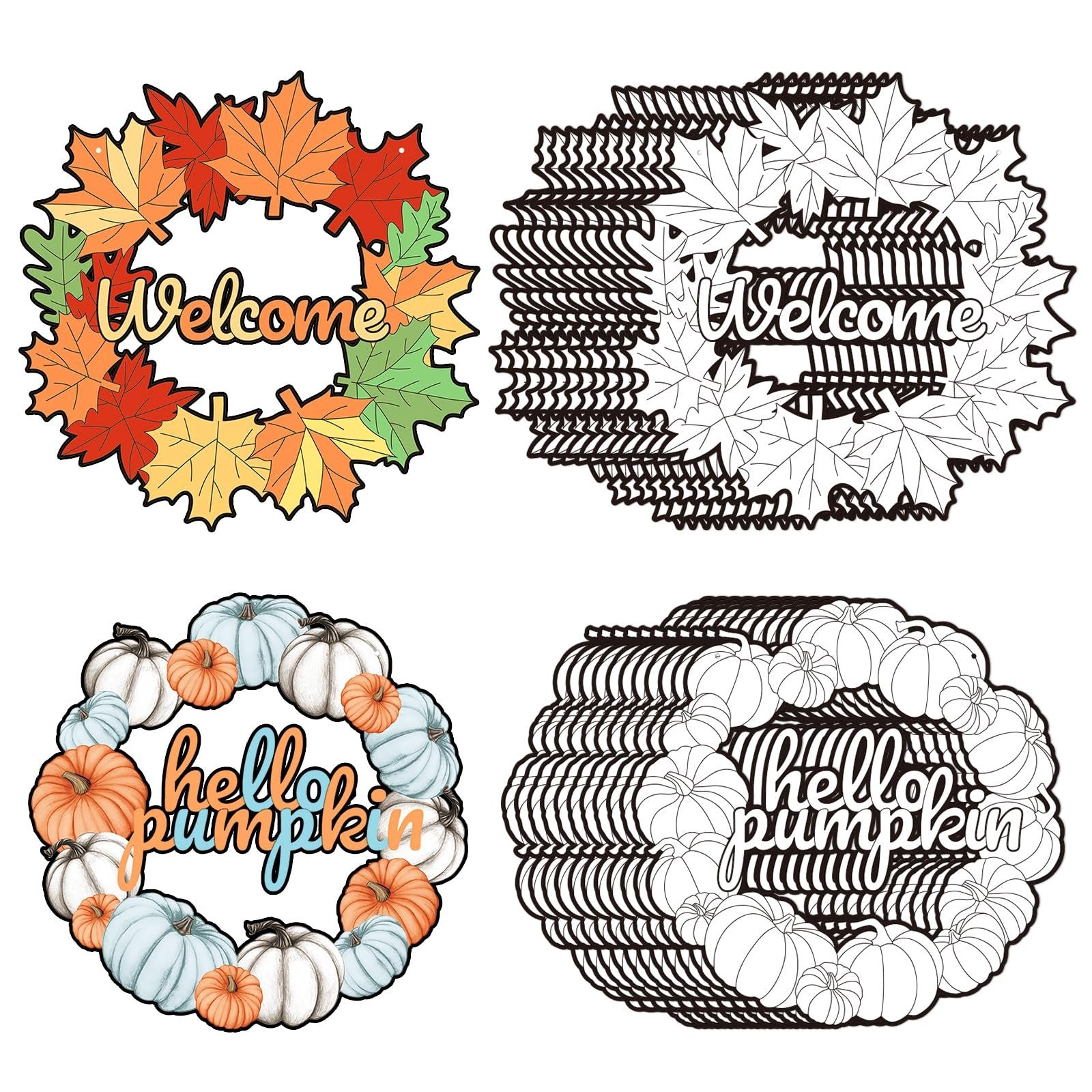 Four fall-themed craft wreaths, two colored and two outline versions, featuring leaves and pumpkins with text.