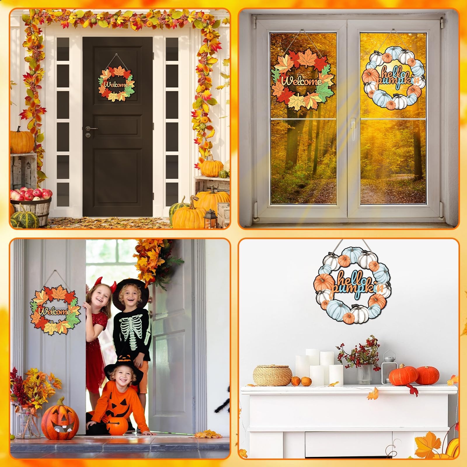 Collage of fall-themed wreaths and decorations, including a welcome wreath on a door and a 'hello pumpkin' wreath on a wall.