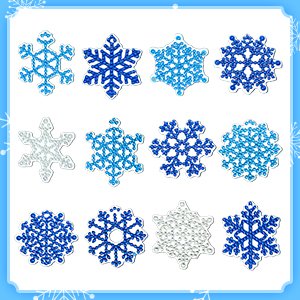 Twelve glitter snowflake ornaments in blue and silver, arranged in a 3x4 grid on a light blue background with snowflake border.