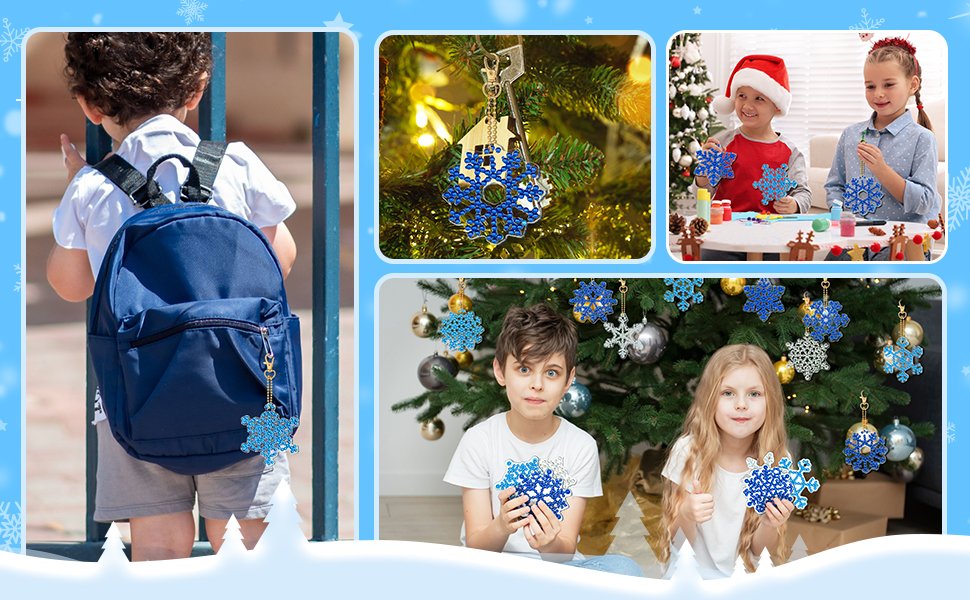 Collage of children and diamond painting snowflake keychains. One child wears a backpack with a keychain, others decorate a Christmas tree.