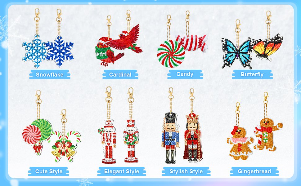 Collection of 24 diamond painting keychains featuring Christmas themes like snowflakes, cardinals, candy, butterflies, nutcrackers, and gingerbread men.