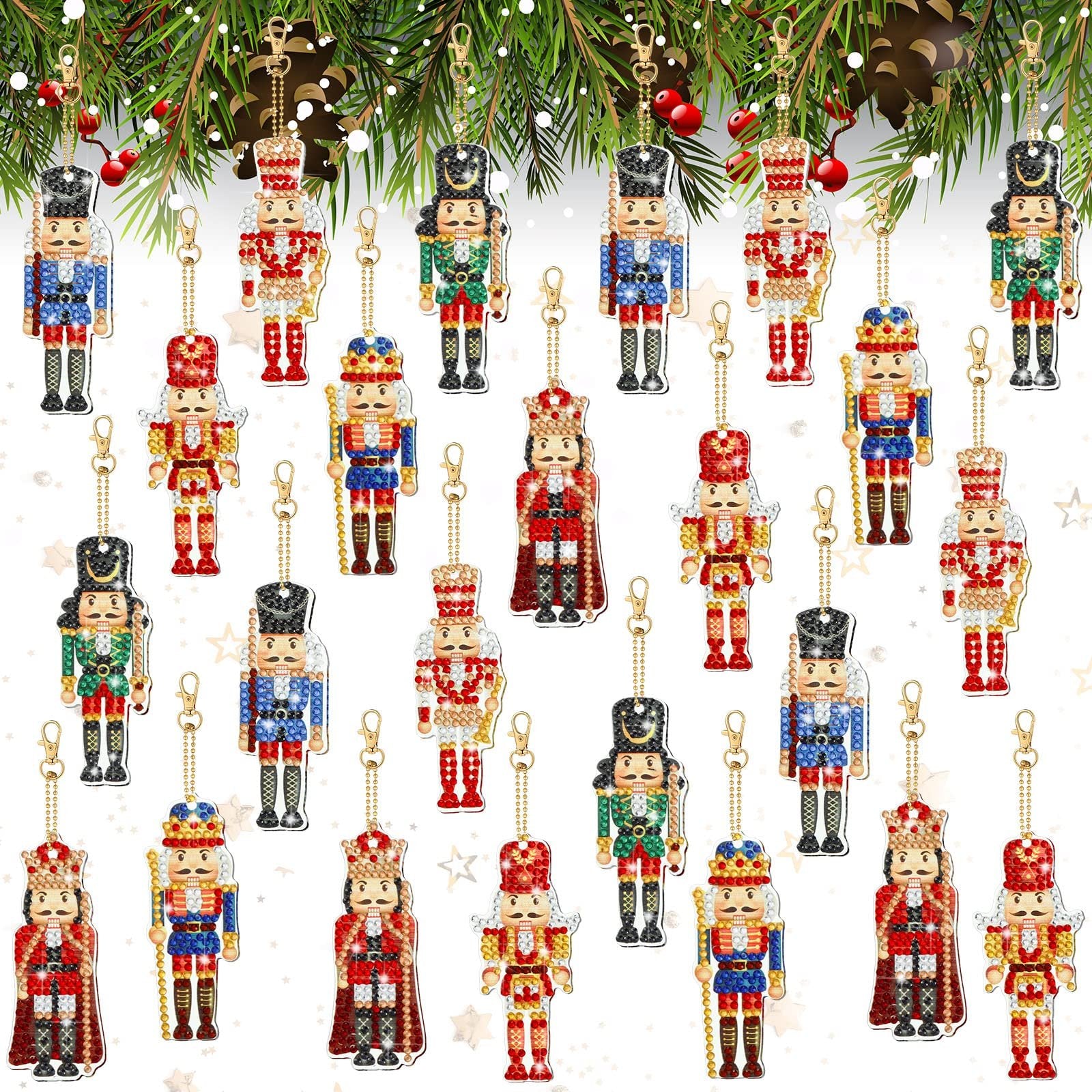 Diamond painting nutcracker keychains hanging from pine branches, showing various designs and colors.
