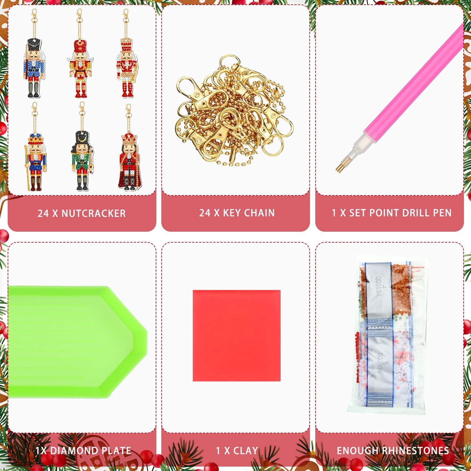 Diamond painting keychain kit contents: nutcracker ornaments, keychains, drill pen, diamond plate, clay, and rhinestones.