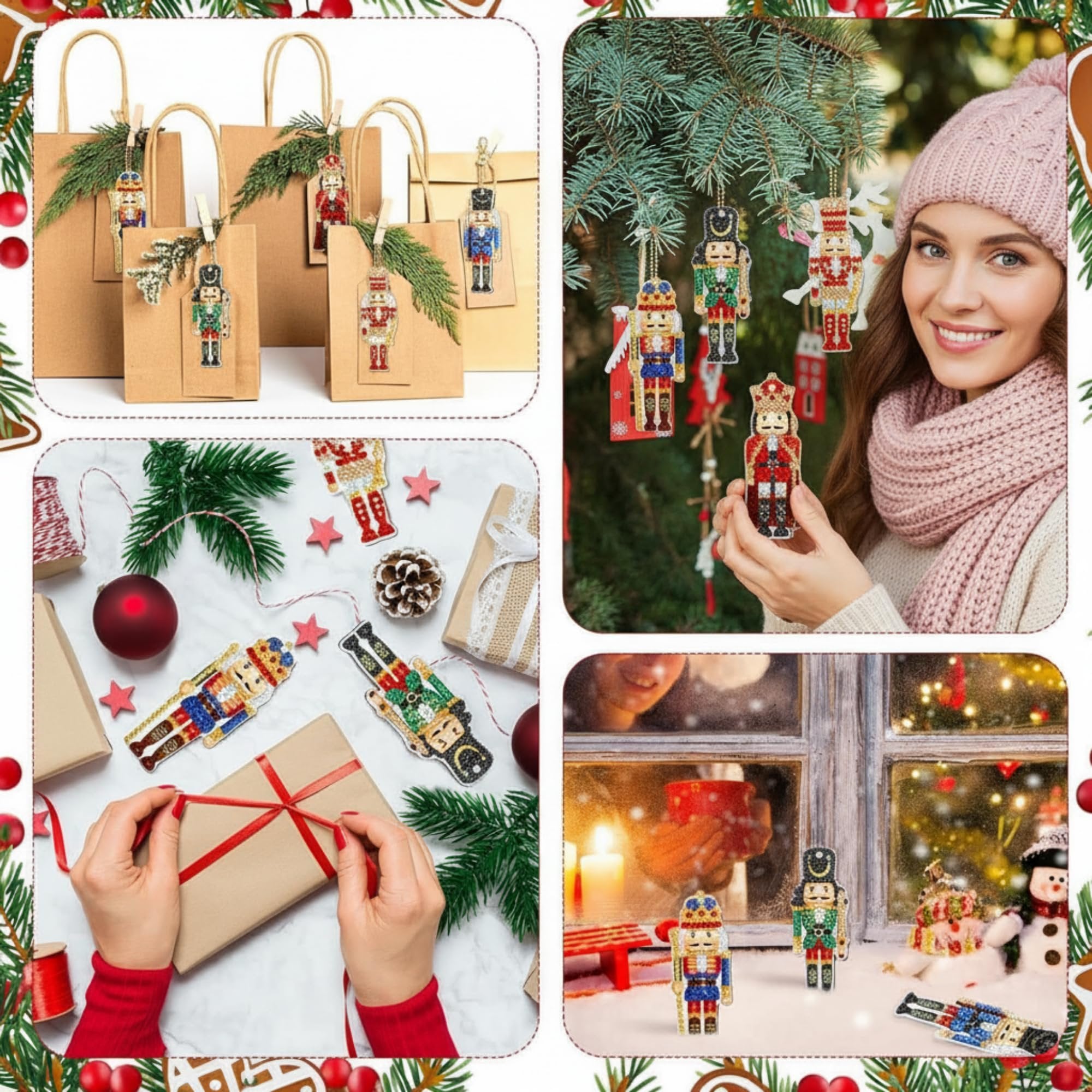 Collage of diamond painting nutcracker ornaments and Christmas gift wrapping.