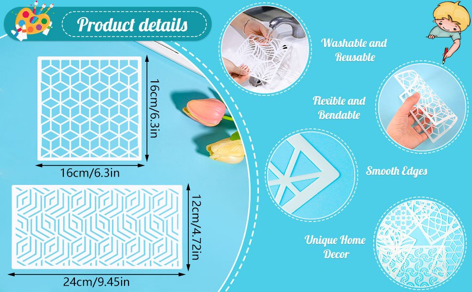 Geometric stencils for painting crafts shown with dimensions and feature callouts like washable, flexible, and smooth edges.