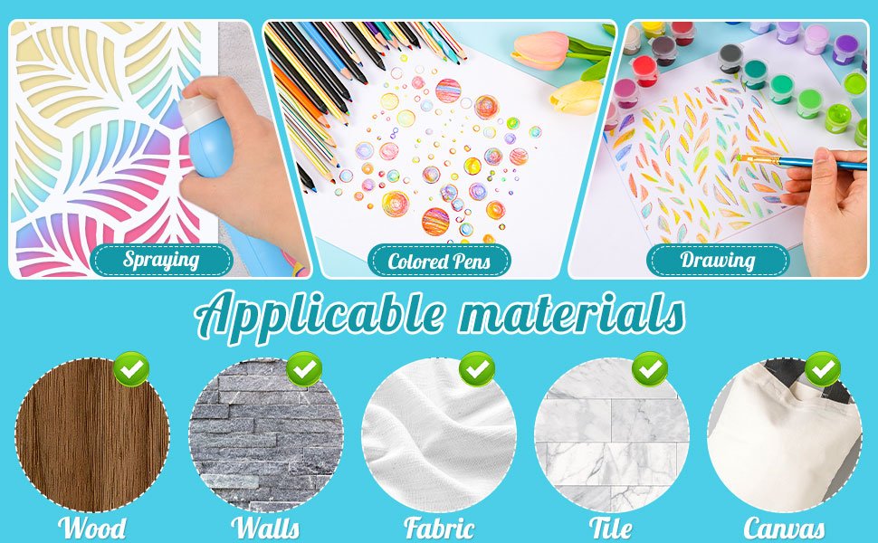 Collage showing geometric stencils being used for spraying, drawing with colored pens, and painting on paper, with examples of applicable materials like wood, walls, fabric, tile, and canvas.