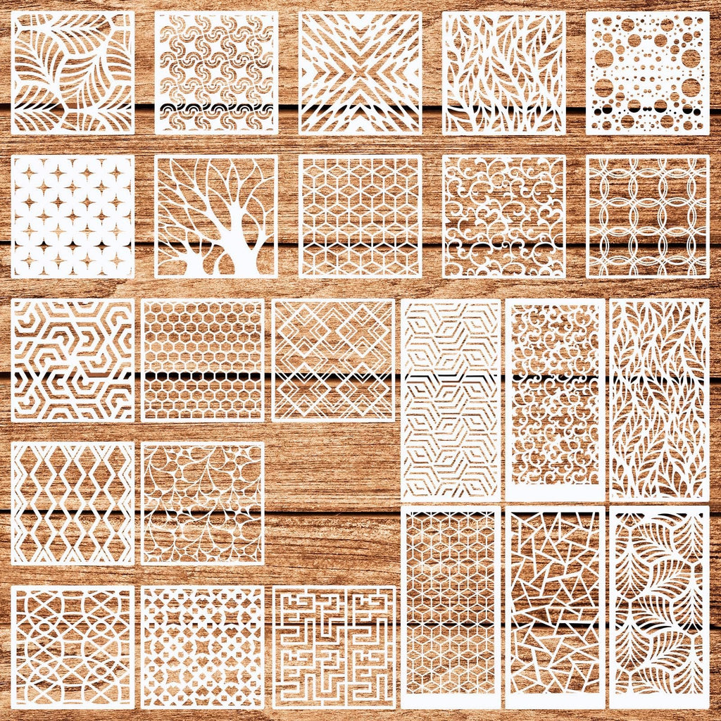 Collection of 24 reusable geometric stencils with various patterns laid out on a wooden background.