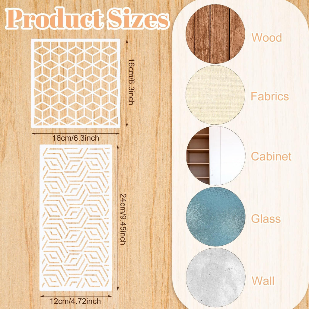 Two geometric stencils shown with dimensions, next to circular swatches of wood, fabric, cabinet, glass, and wall textures.