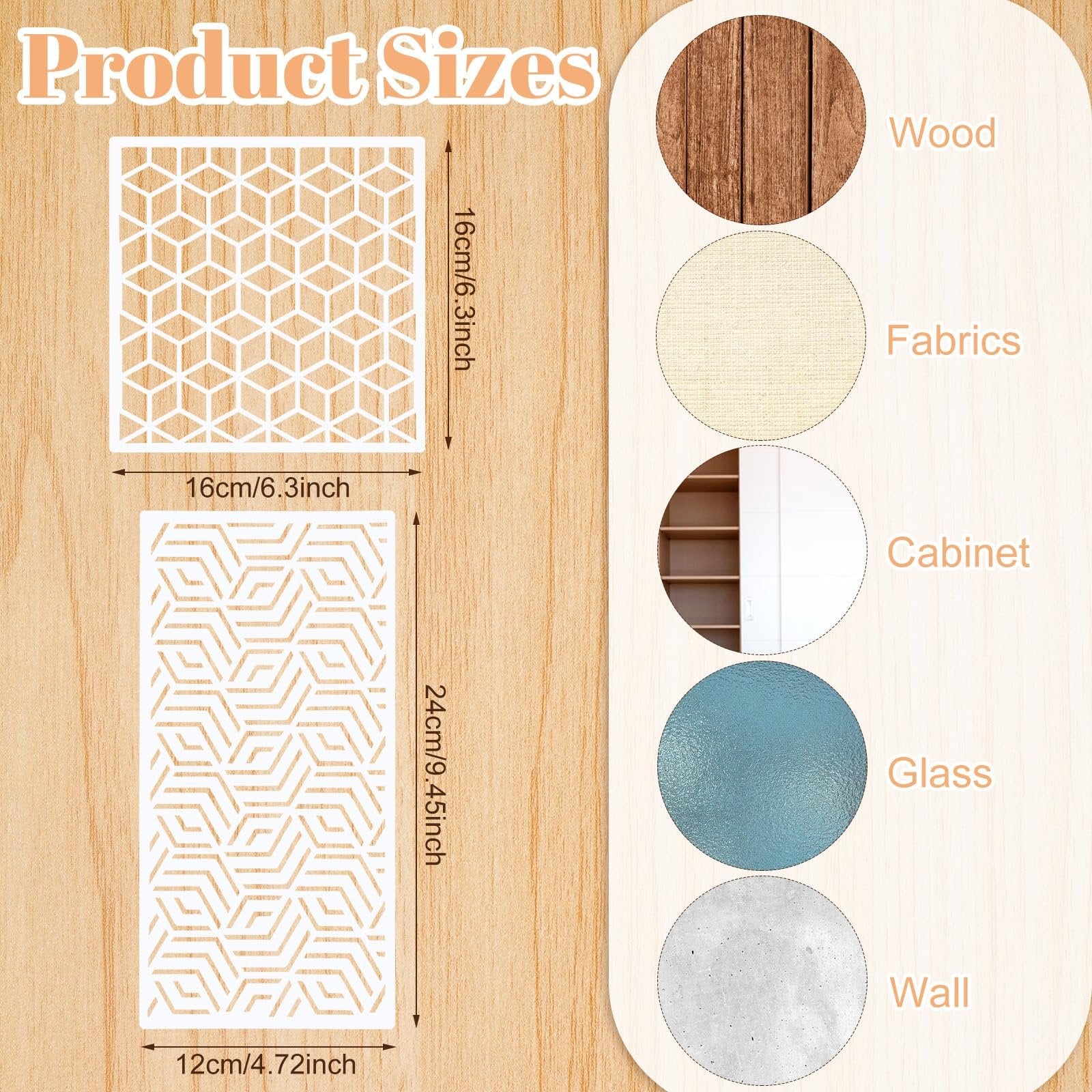 Two geometric stencils shown with dimensions, next to circular swatches of wood, fabric, cabinet, glass, and wall textures.