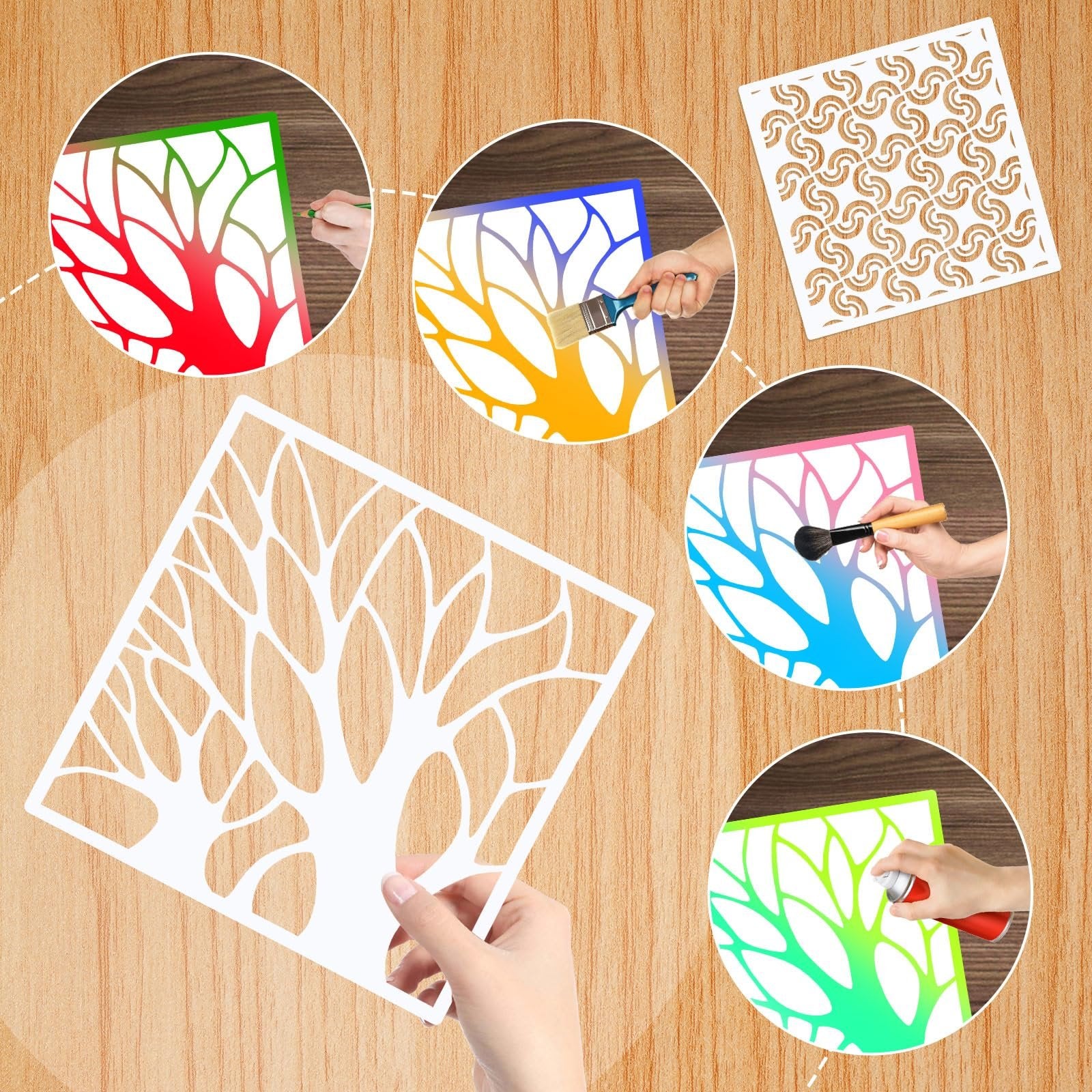 Set of reusable geometric stencils for painting crafts, shown with examples of use on colorful backgrounds.