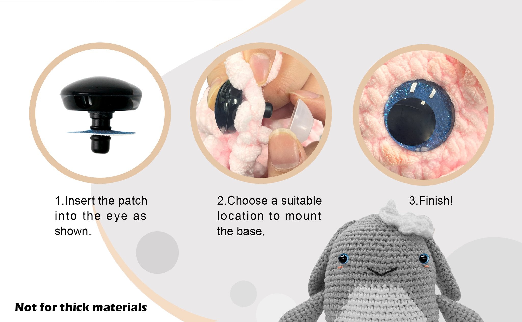 Three-step guide showing how to attach a safety eye to crochet material, with a finished stuffed animal at the bottom.