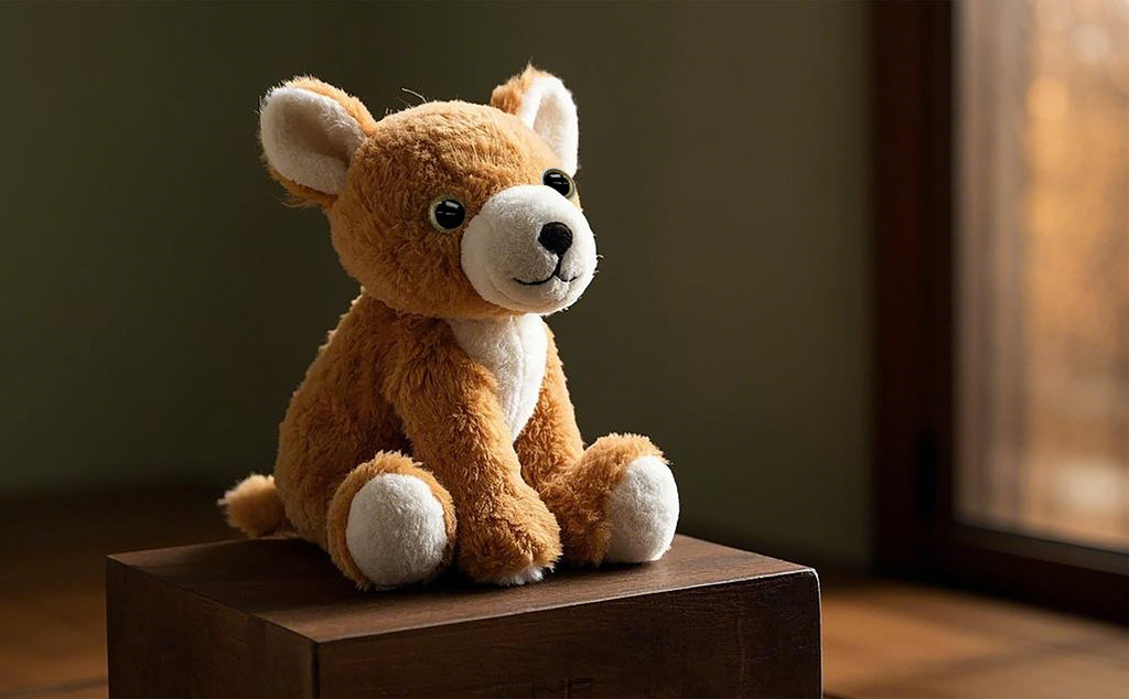 Plush brown teddy bear sitting on a wooden block, facing forward with ears perked.