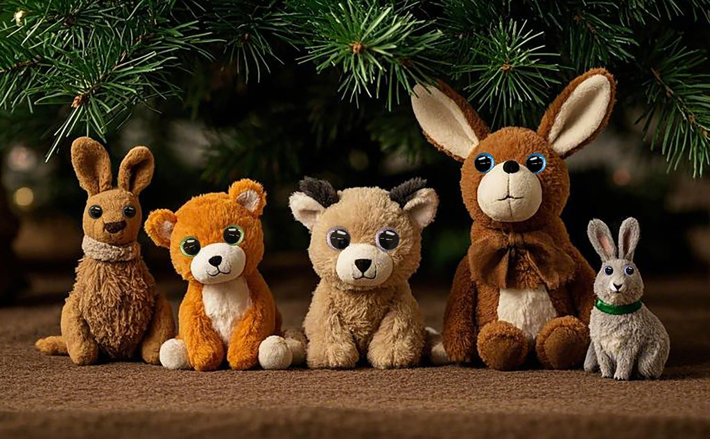 Five plush stuffed animals sitting in front of a Christmas tree, with glittery eyes.