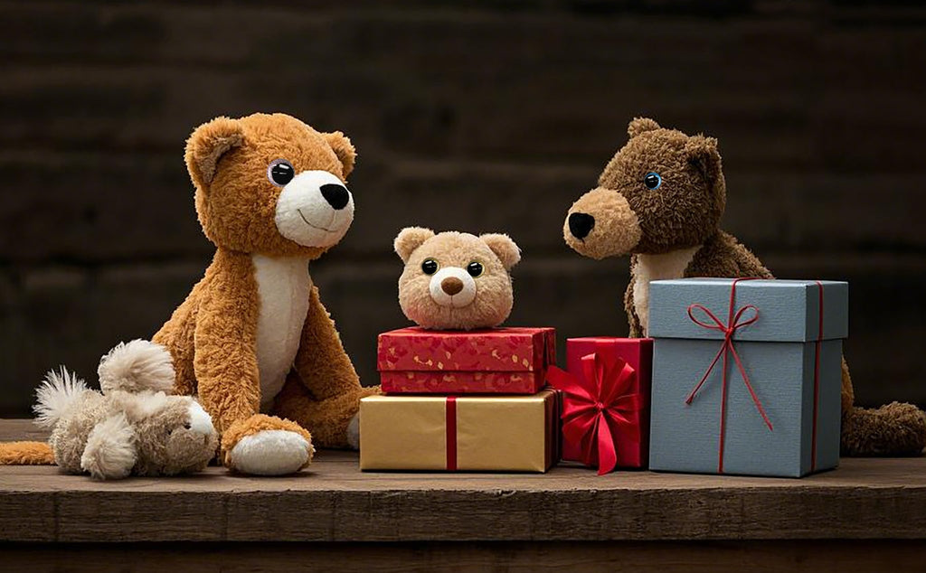 Three plush teddy bears and a stuffed dog sit with gift boxes on a wooden surface.